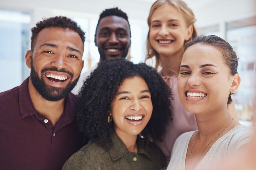 happy friends and portrait smile for selfie